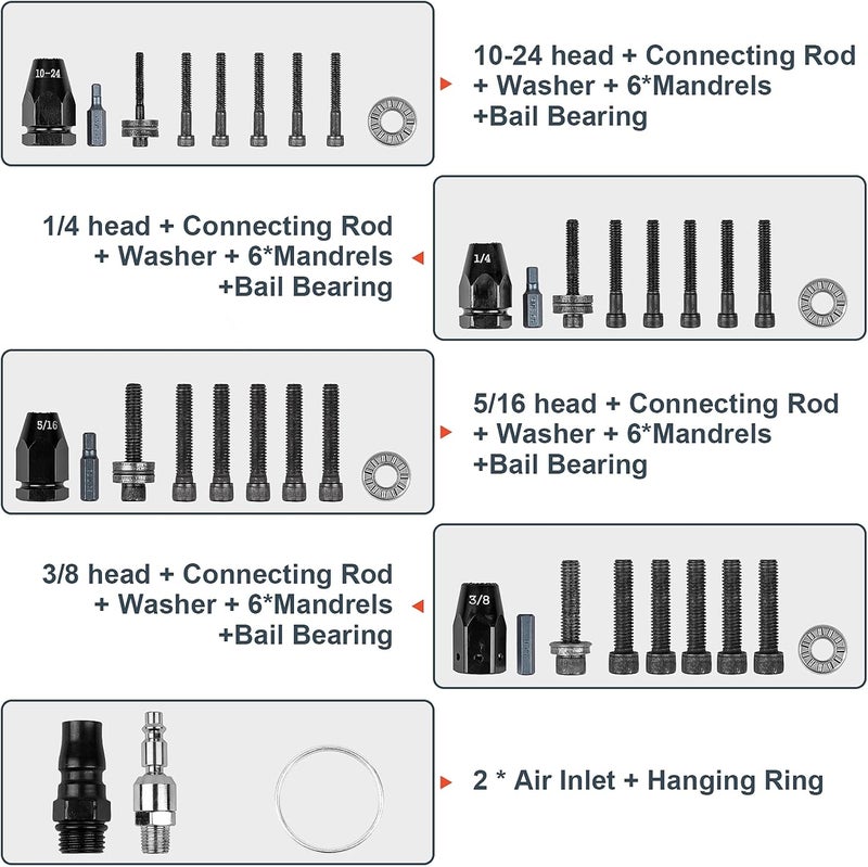 Clatoon Pneumatic Rivet Nut Gun with 10-24 & 1/4 & 5/16 & 3/8 Self-Locking Head, Adjustable Speed Air Rivet Gun, Air Rivet Nut Tool Kit with 4 Size Quick-Change, 6pcs Mandrels Included with Each Size - Image 4